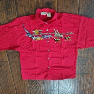 Vintage 80s safari animal adventure embroidered button down shirt Size L